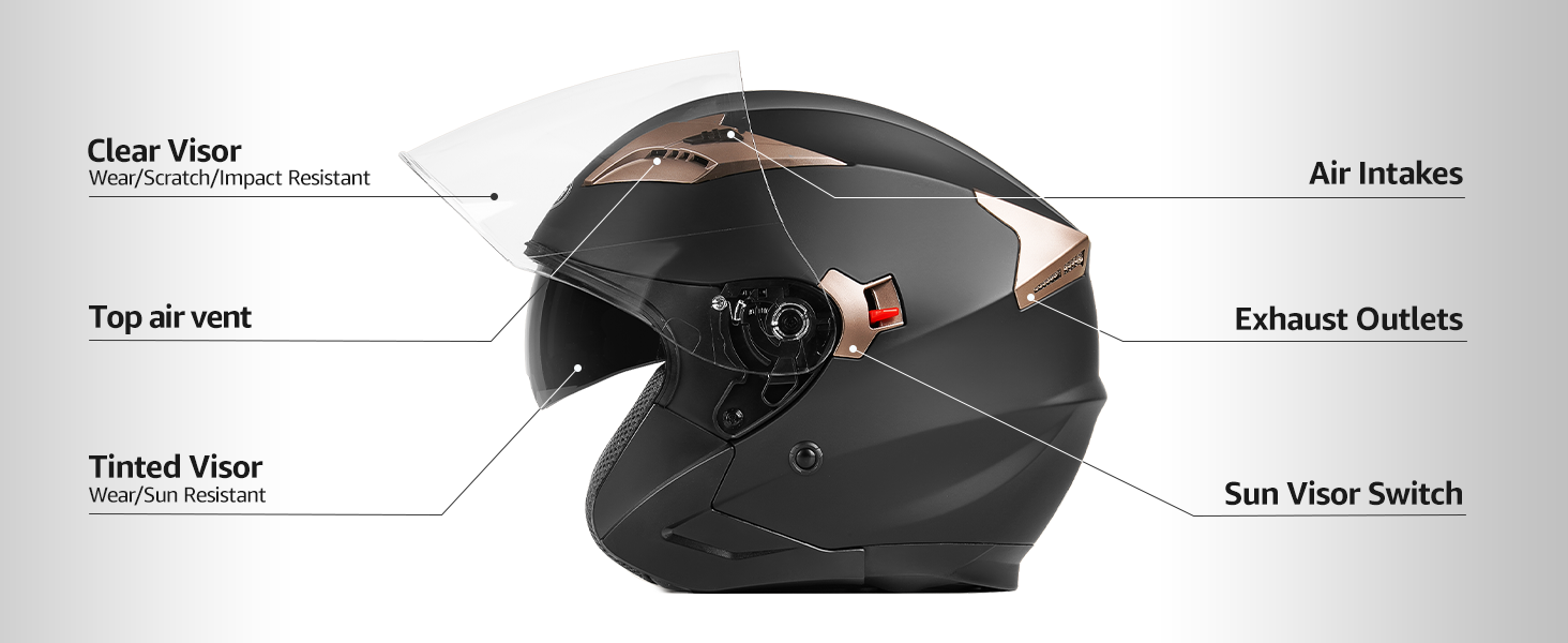 YEMA Open Face Motorcycle Helmets, DOT Approved 3/4 Moped Helmet Dual Visor Quick Release Buckle, Helmets for Adults Motorcycle Men Women Helmets for Moped Scooter Streey