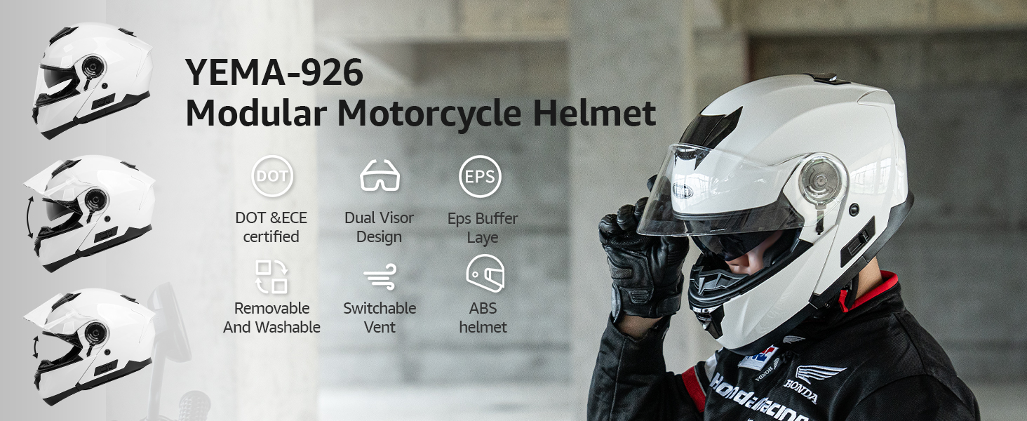 YEMA Modular Motorcycle Helmets, DOT Approved Full Face Motorcycle Helmet with Flip Up Dual Visor, Helmets for Adults Men Women Helmets for Street Scooter ATV E-Bike - YM-926