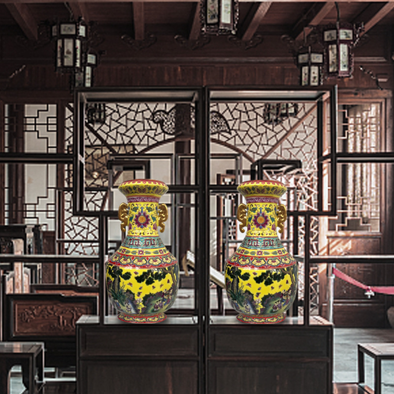 Porcelain Jingdezhen, Jiangxi, China Enamel-painted vase with two handles and a large belly