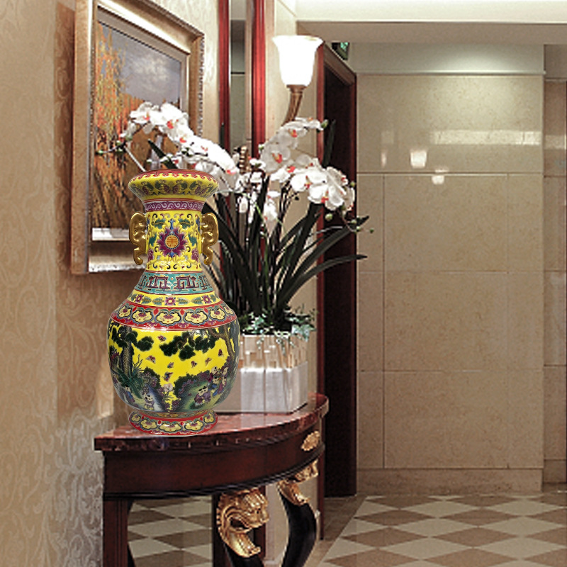 Porcelain  Jingdezhen, Jiangxi, China   Enamel-painted vase with two handles and a large belly