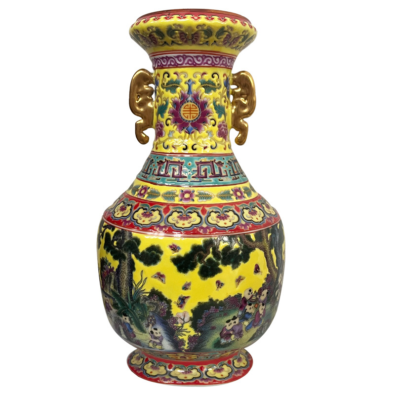 Porcelain Jingdezhen, Jiangxi, China Enamel-painted vase with two handles and a large belly