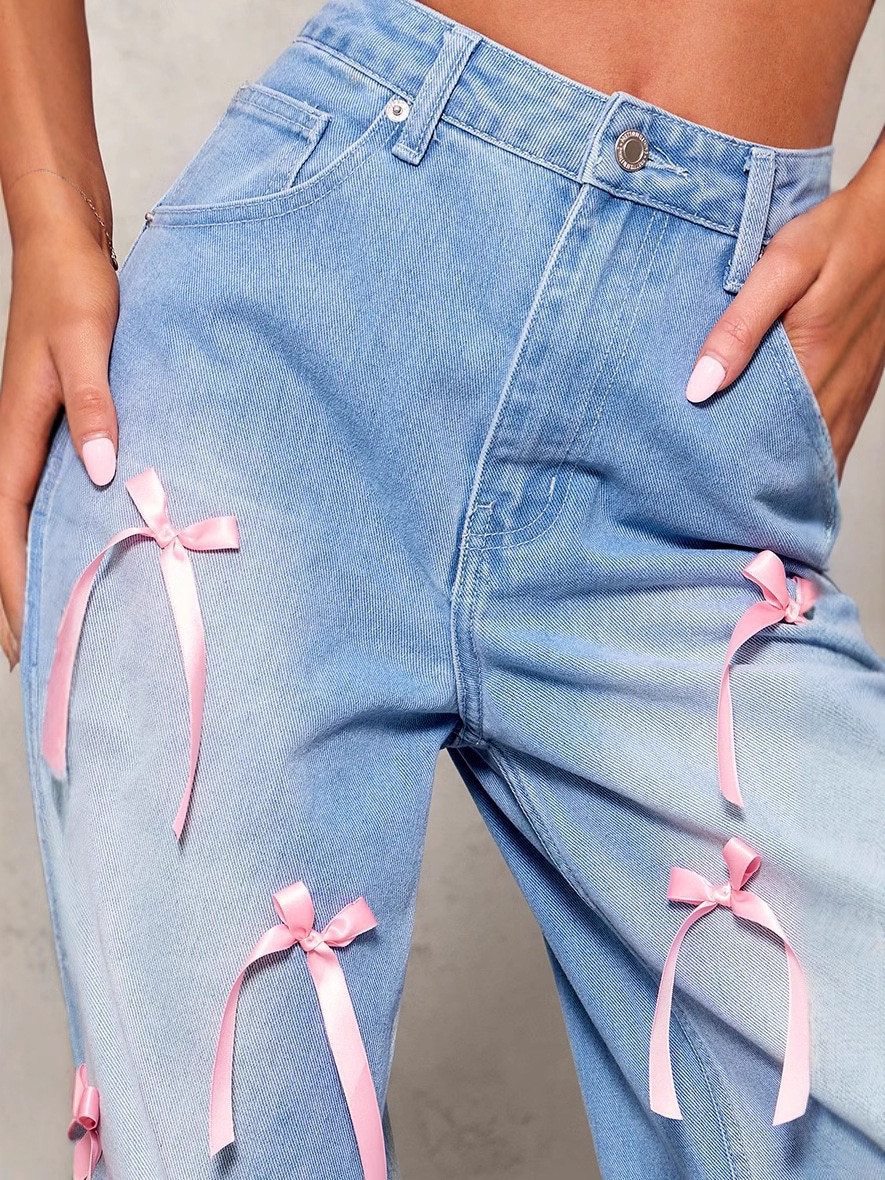 Women's best-selling blue wide-leg jeans with bow design