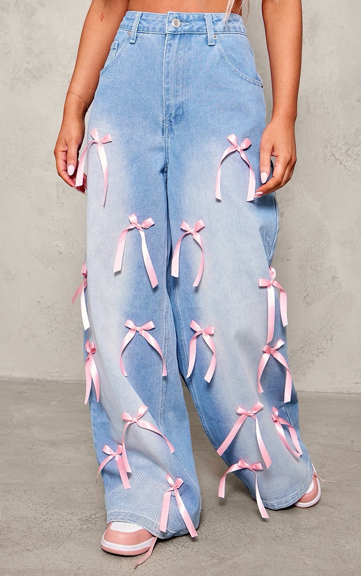 Women's best-selling blue wide-leg jeans with bow design