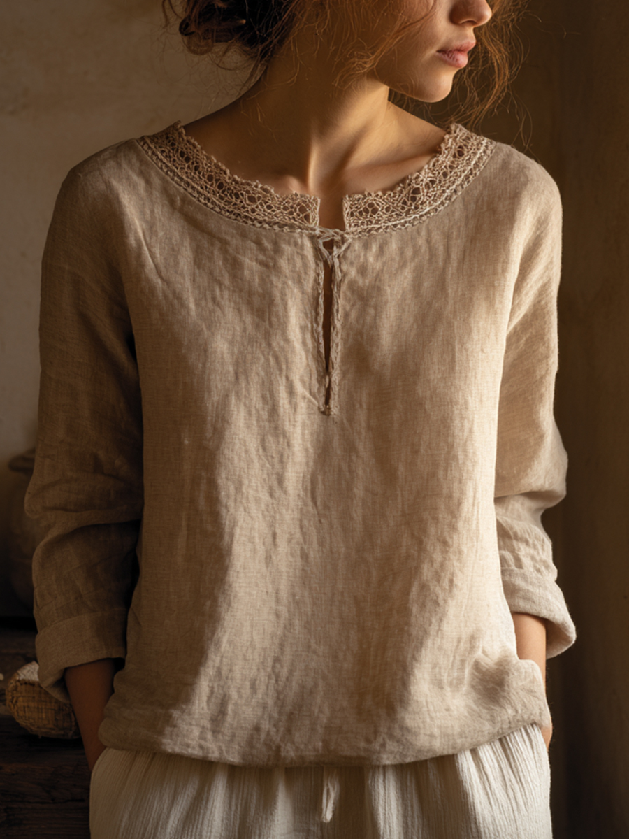 Frauen elegantes Spitzen-Leinen-Vintage-Hemd