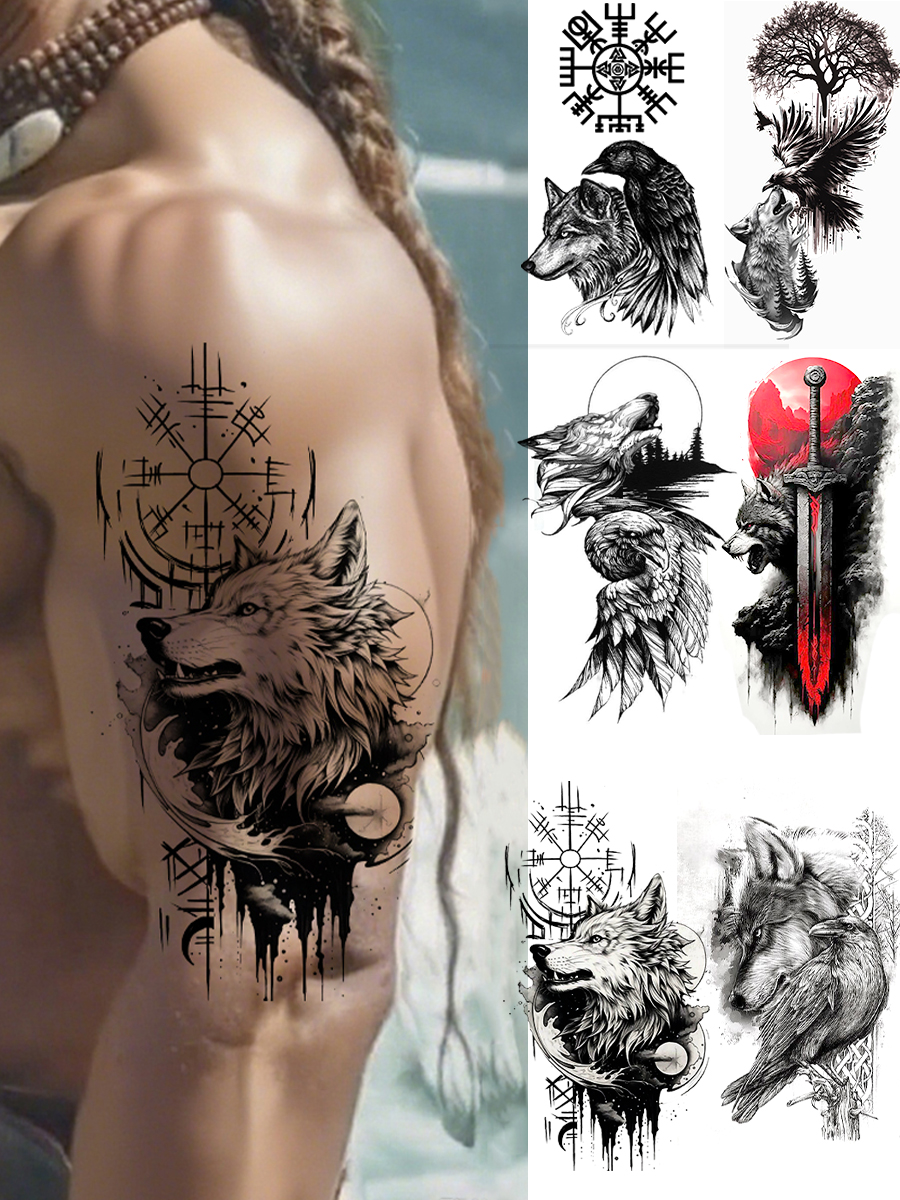 Viking Wolf Tattoo Aufkleber (Tattoo Aufkleber Set-6 Muster)