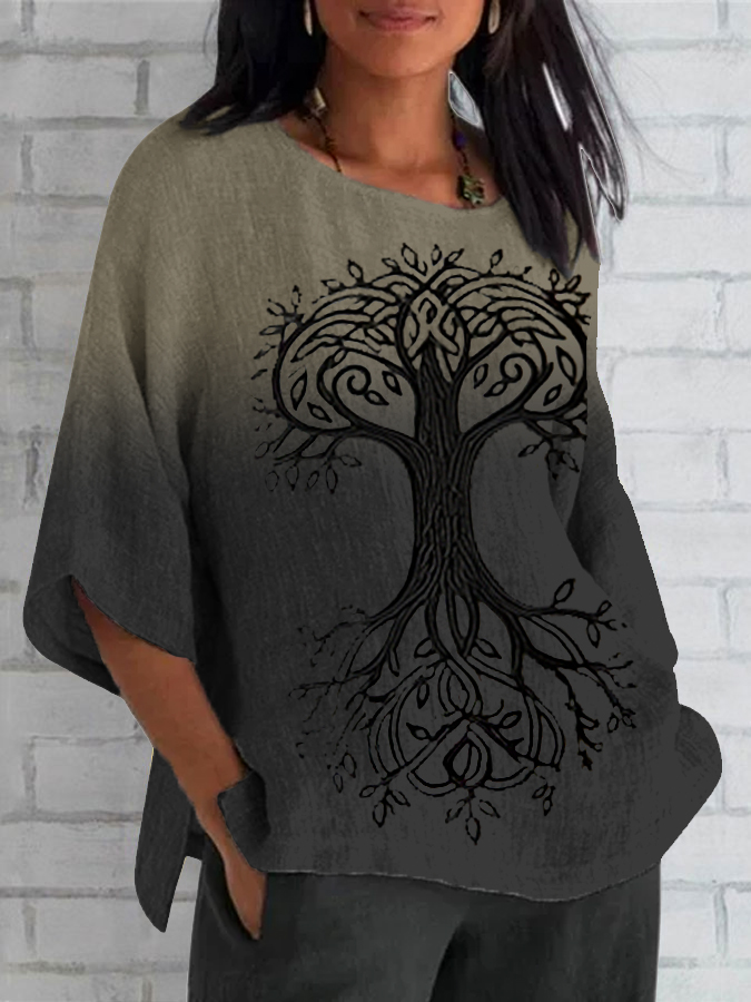 Frauen Wikinger Leben von Baum Kunst Leinen Print Freizeit hemd