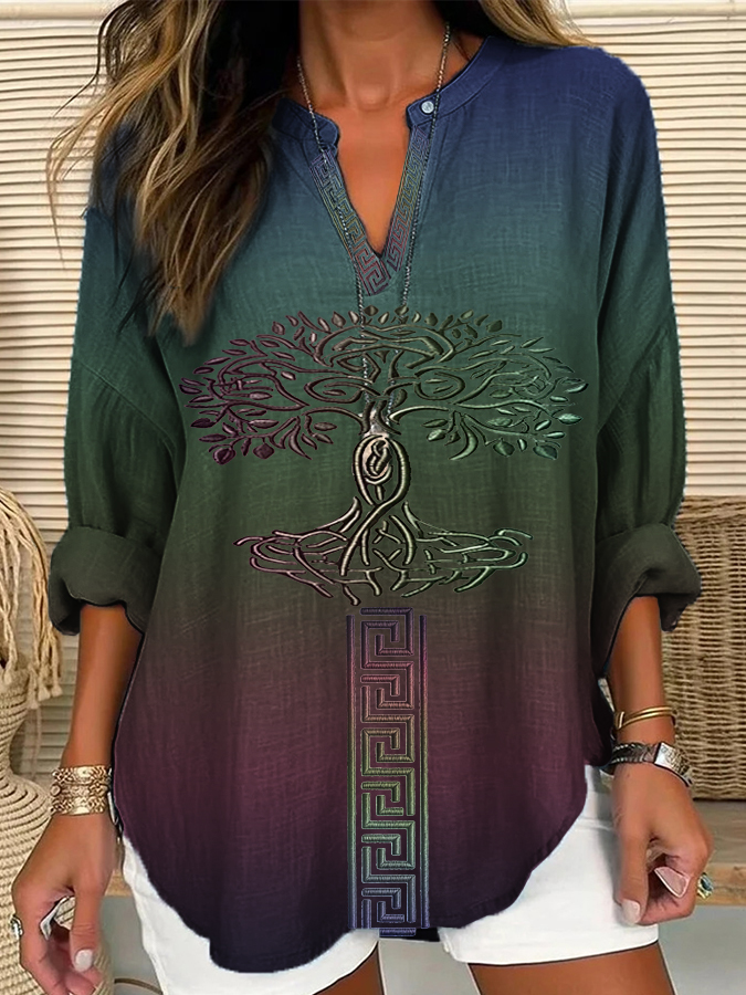 Frauen Wikinger Leben von Baum Kunst Leinen Print Freizeit hemd