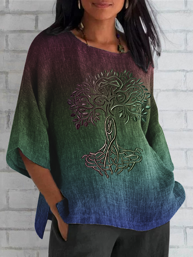 Frauen Wikinger Leben von Baum Kunst Leinen Print Freizeit hemd