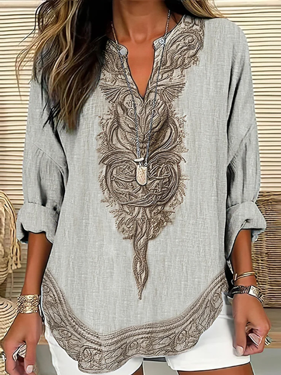 Damen Vintage Viking Wolf Kunstdruck Leinen hemd