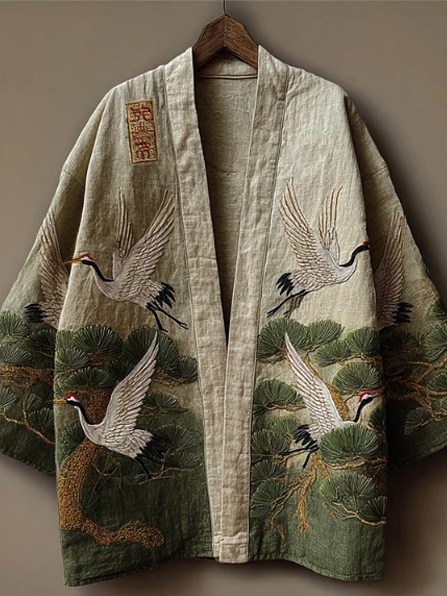 Herren Japanische Kräne & Kiefern Bestickte Leinen-Kimono-Strickjacke
