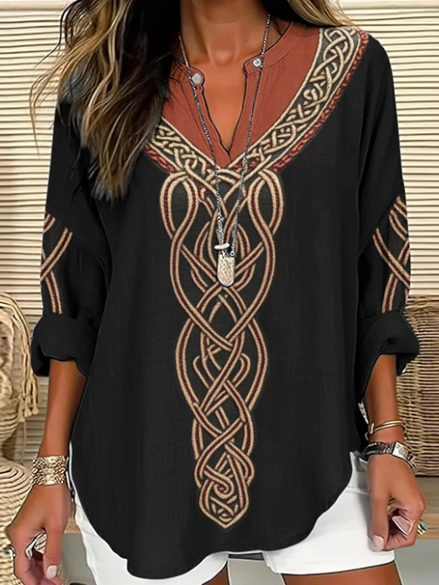 Damen Viking Celtic Knoten Kunst Leinen Print Freizeit hemd