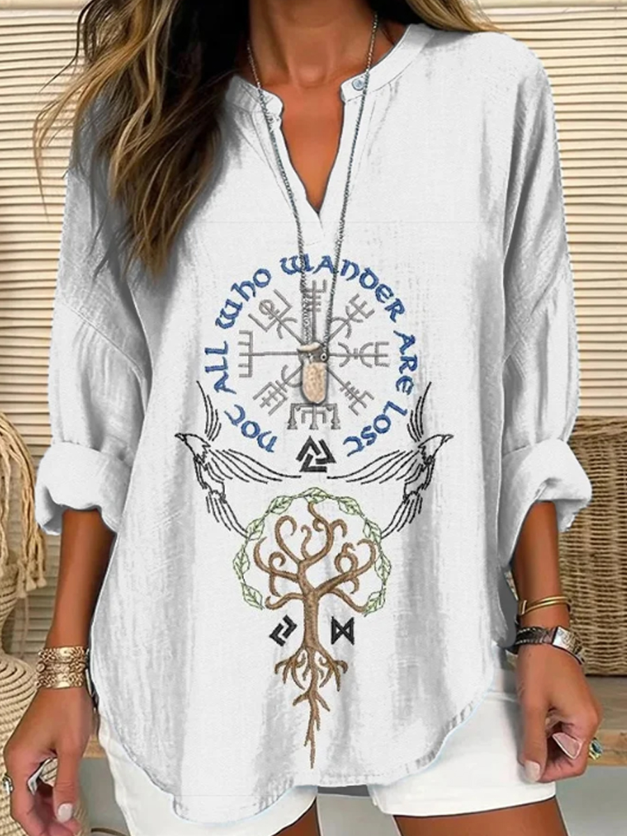 Damen Viking Rune Stickerei Muster Damen V-Ausschnitt Leinen Blend Shirt