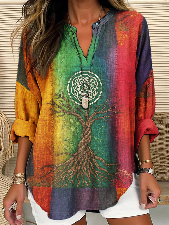 Frauen Vintage Leben des Baumes keltisches mehrfarbiges Stammes-Kunst bequemes langärmliges Hemd