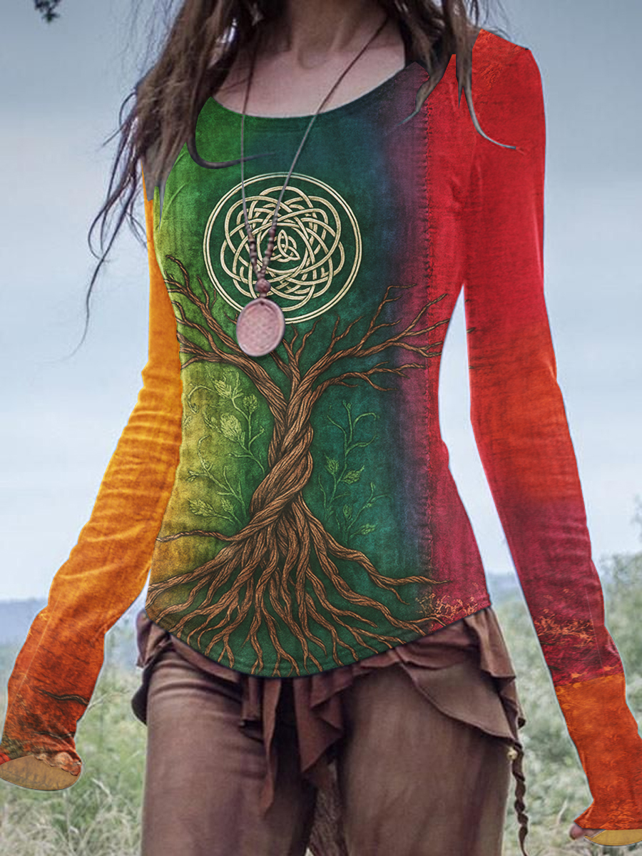 Frauen Vintage Leben des Baumes keltisches mehrfarbiges Stammes-Kunst bequemes langärmliges Hemd