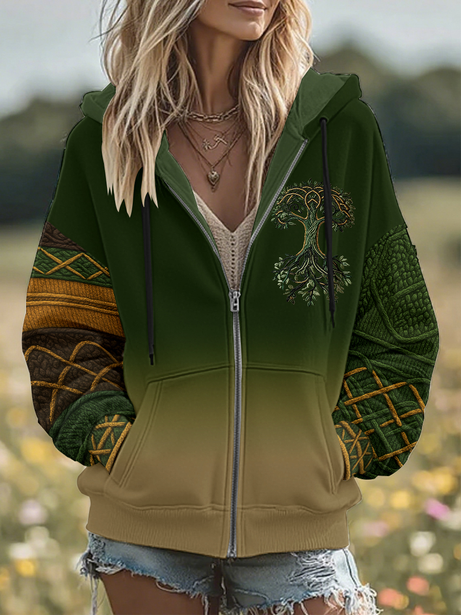 Damen Retro Celtic Dick Stitching Bequeme gestrickte Kapuzen strickjacke