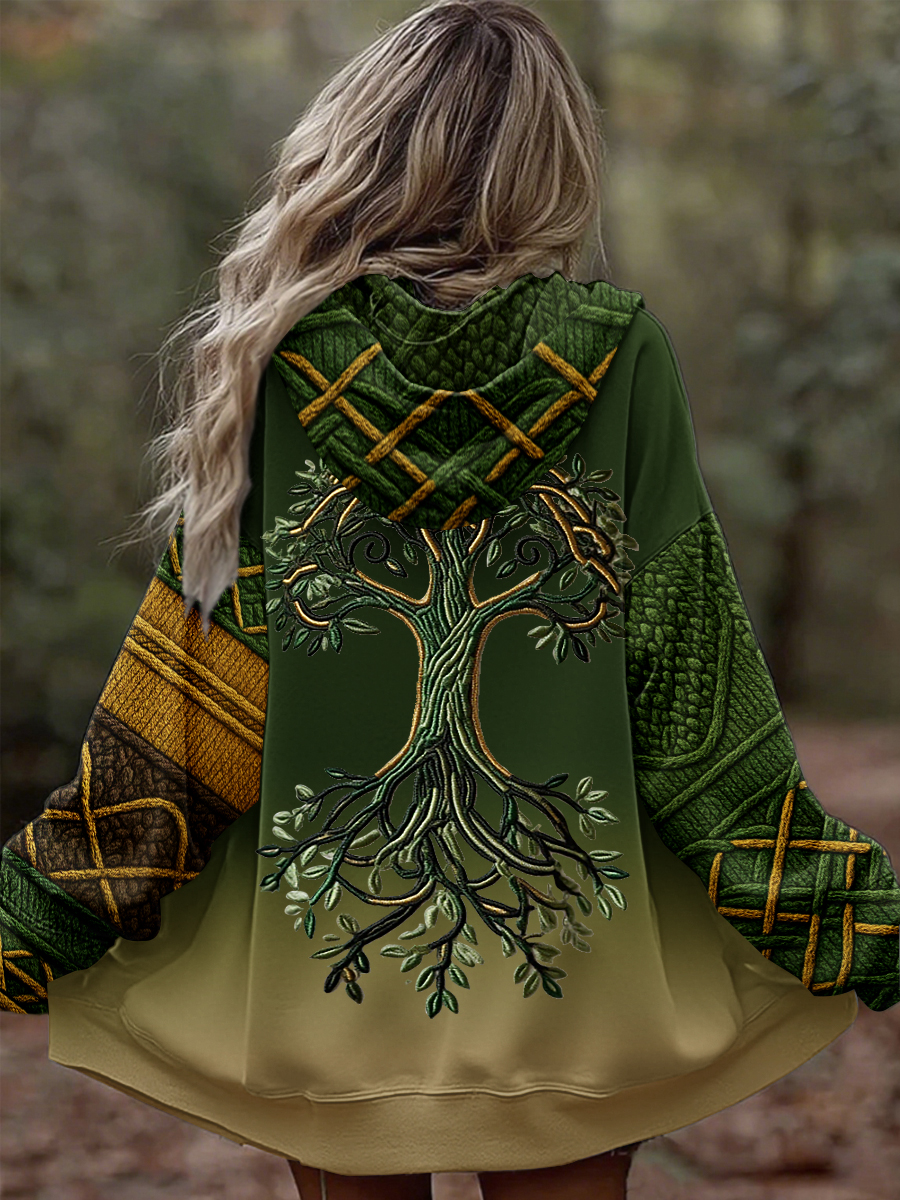 Damen Vintage Tree of Life Celtic Dick Nähte Komfortable Strick jacke mit Kapuze