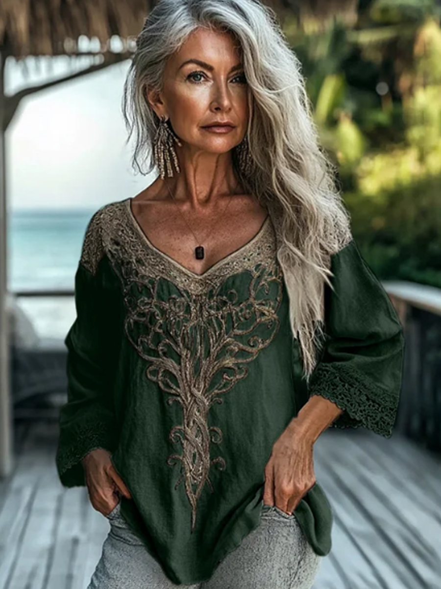 Frauen Vintage Tribal Keltisches Knoten Spitze V-Ausschnitt Leinen hemd