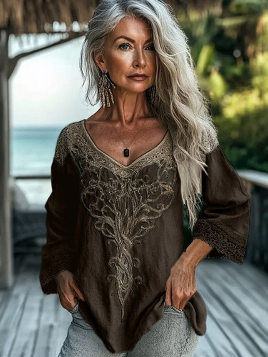 Frauen Vintage Tribal Keltisches Knoten Spitze V-Ausschnitt Leinen hemd