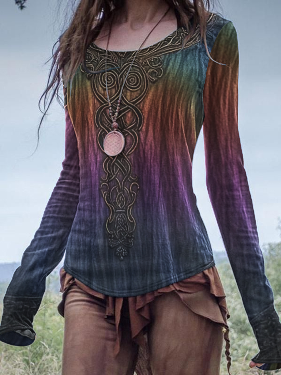 Damen Vintage Viking Keltischer Knoten Gradient Kunst Leinen Langarm Hemd