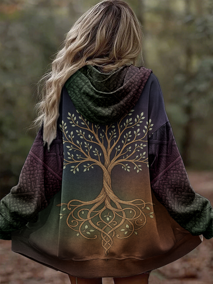 Damen Vintage Tree of Life Celtic Dick Nähte Komfortable Strick jacke mit Kapuze
