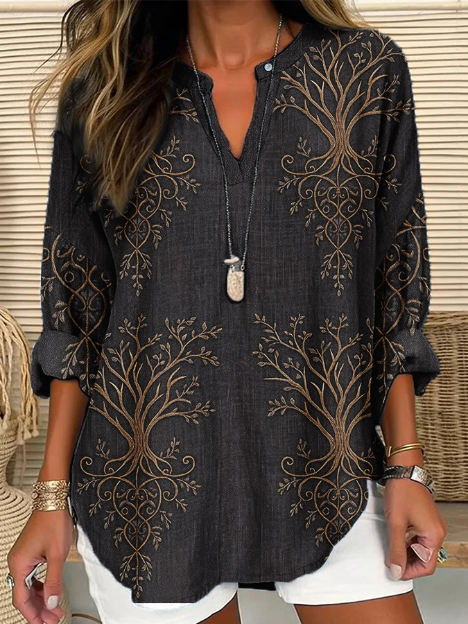 Frauen Wikinger Leben von Baum Kunst Leinen Print Freizeit hemd