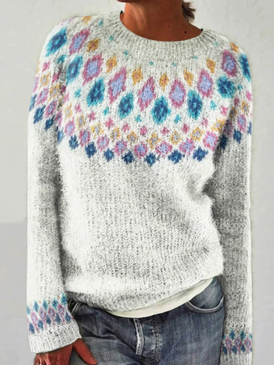 Frauen Isländischer Pullover Jacquard lässig bequem Rundhals Pullover Pullover Pullover