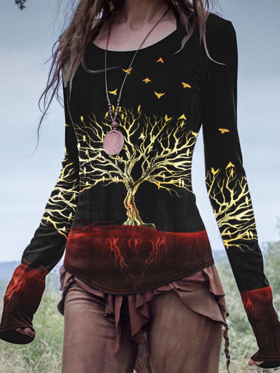 Frauen Wikinger Leben von Baum Kunst Leinen Print Freizeit hemd