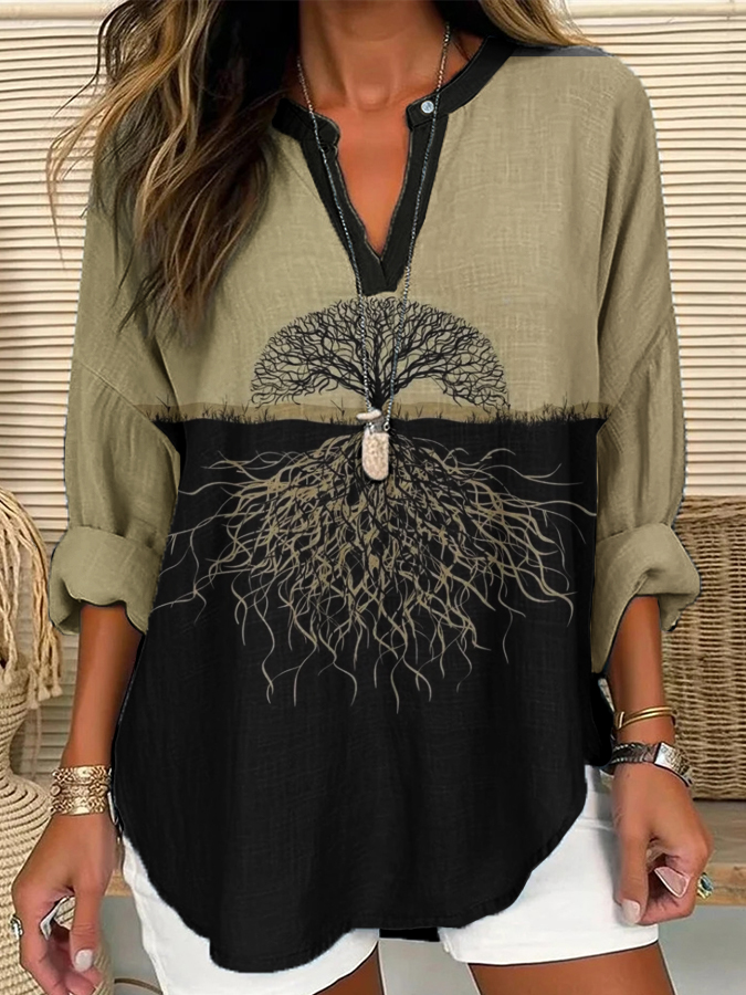 Frauen Wikinger Leben von Baum Kunst Leinen Print Freizeit hemd