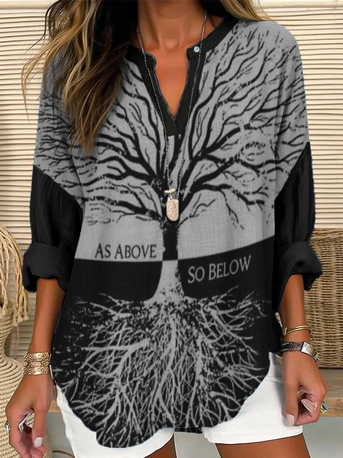 Frauen Wikinger Leben von Baum Kunst Leinen Print Freizeit hemd