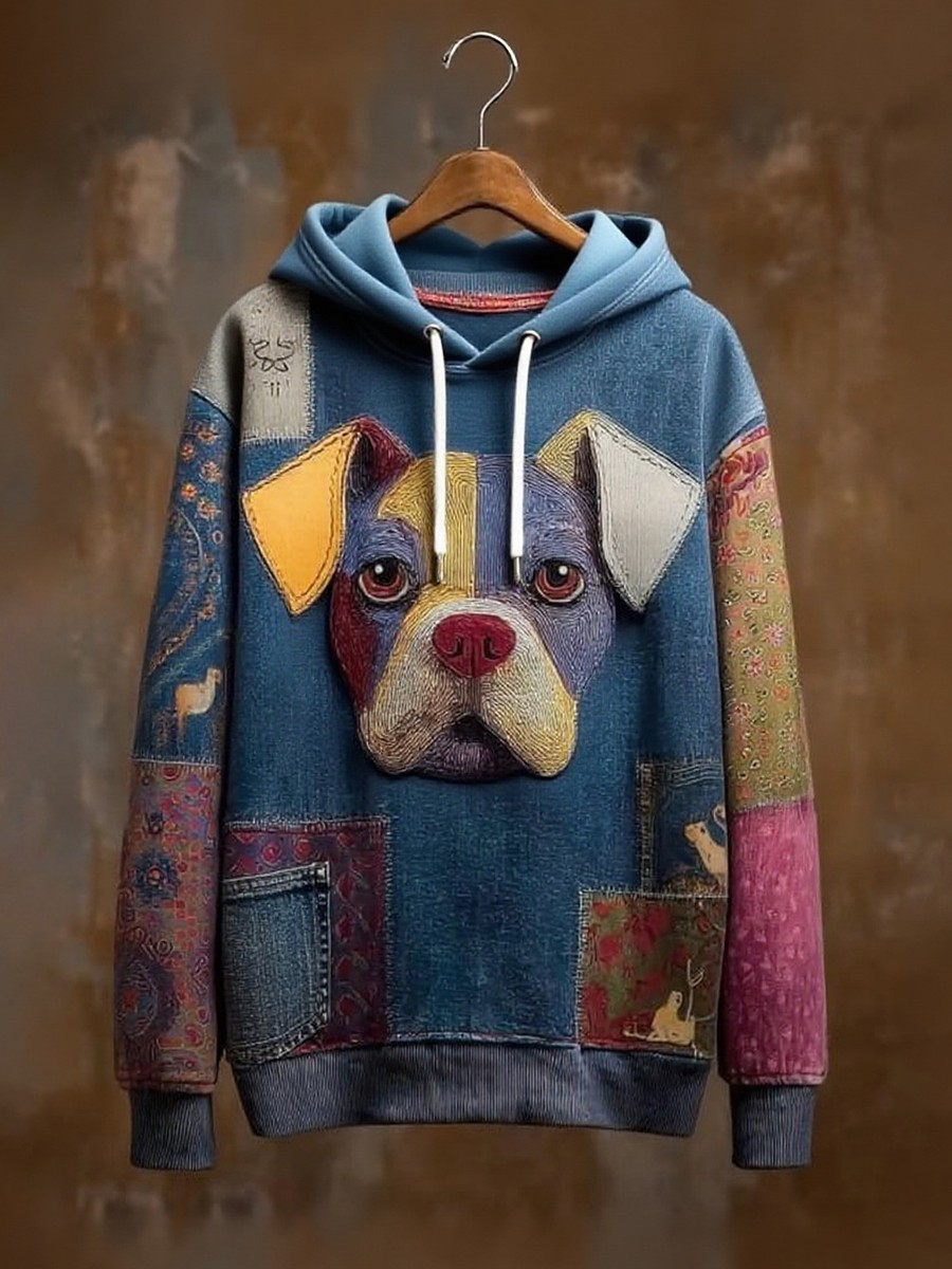 Vintage Patchwork Hunde druck Kunst Casual Hoodie