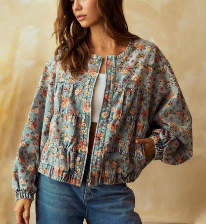 Women's Spring & Autumn Floral Denim Jacket Y2K Casual Loose Short Coat with Pockets