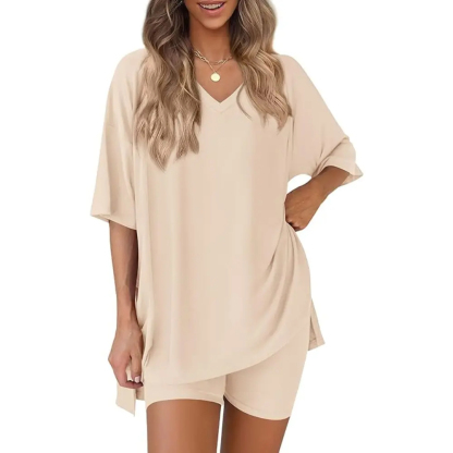Women’s Summer Two-Piece Lounge Set – Oversized Crewneck Split Hem Top & Pocket Biker Shorts, Soft Viscose Casual Outfit