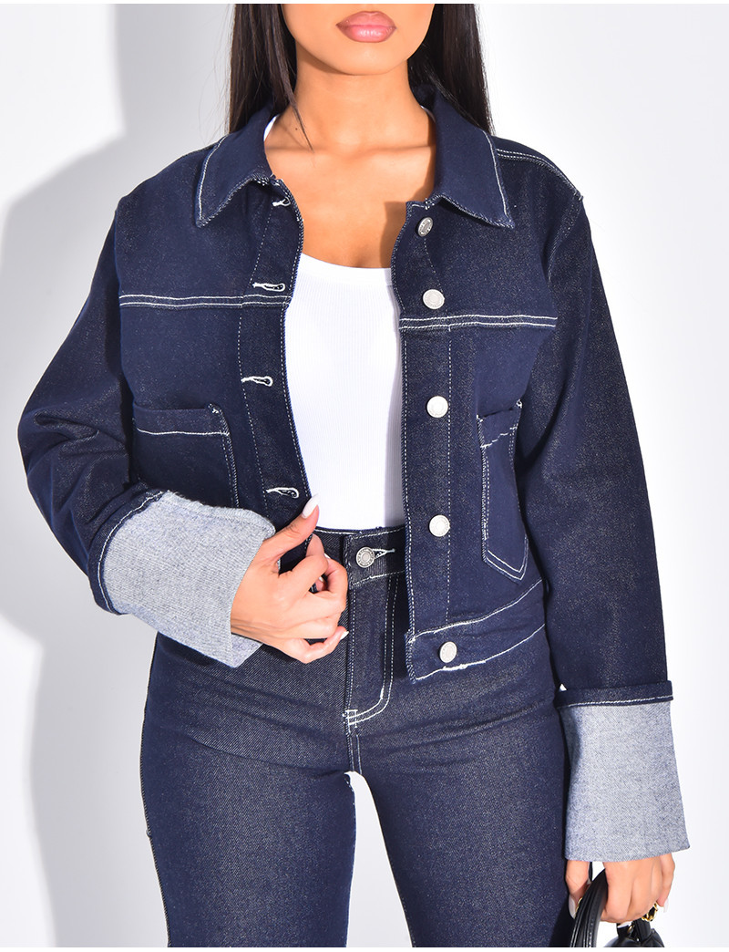 Denim jacket and straight-leg pants with cuffs set