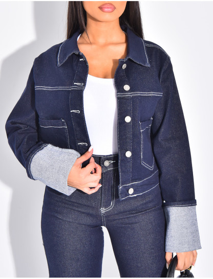 Denim jacket and straight-leg pants with cuffs set
