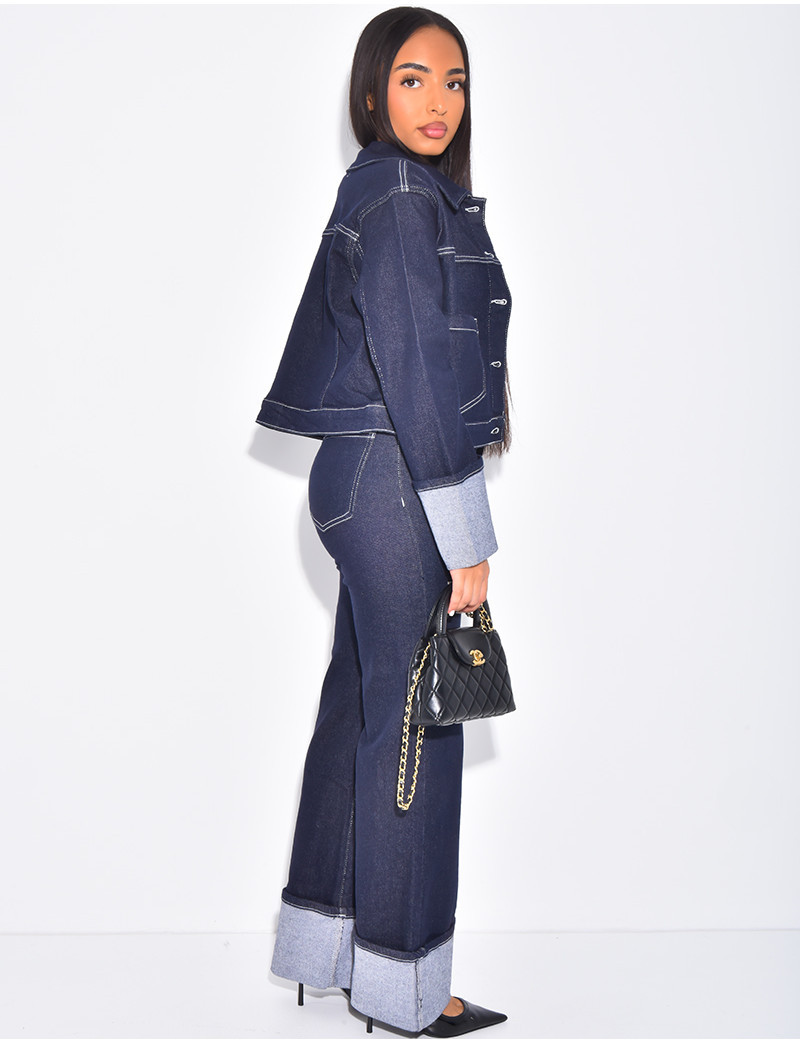 Denim jacket and straight-leg pants with cuffs set