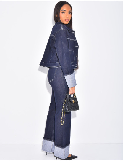 Denim jacket and straight-leg pants with cuffs set