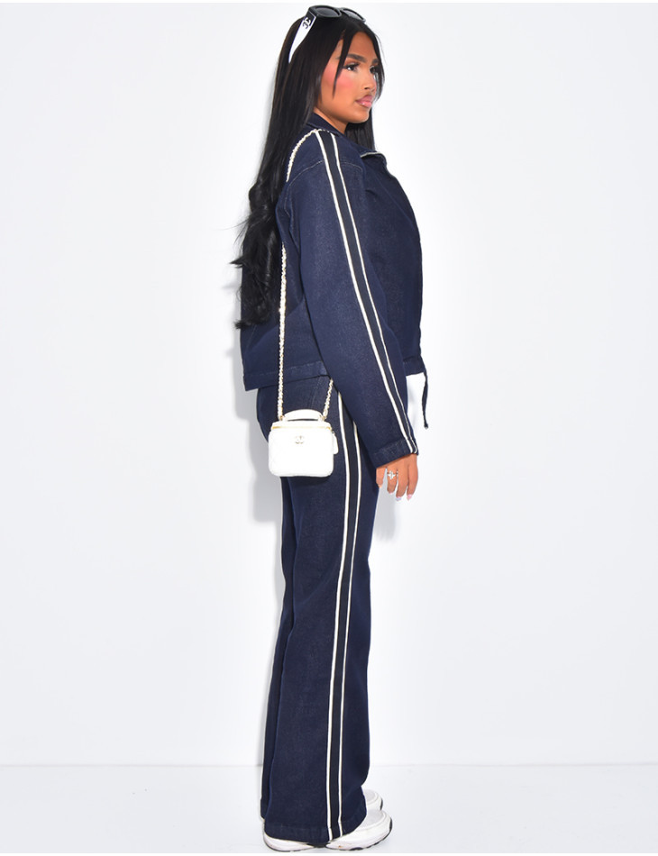 Short jacket and high-waisted jeans with contrasting stripes set