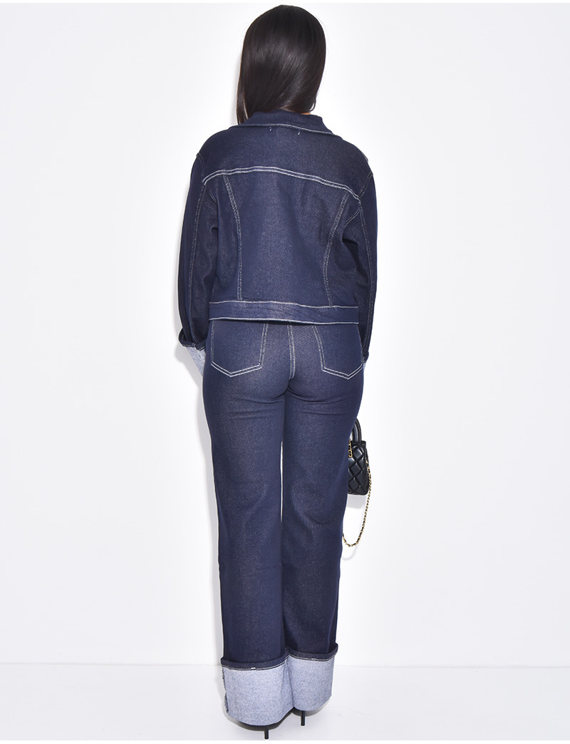Denim jacket and straight-leg pants with cuffs set