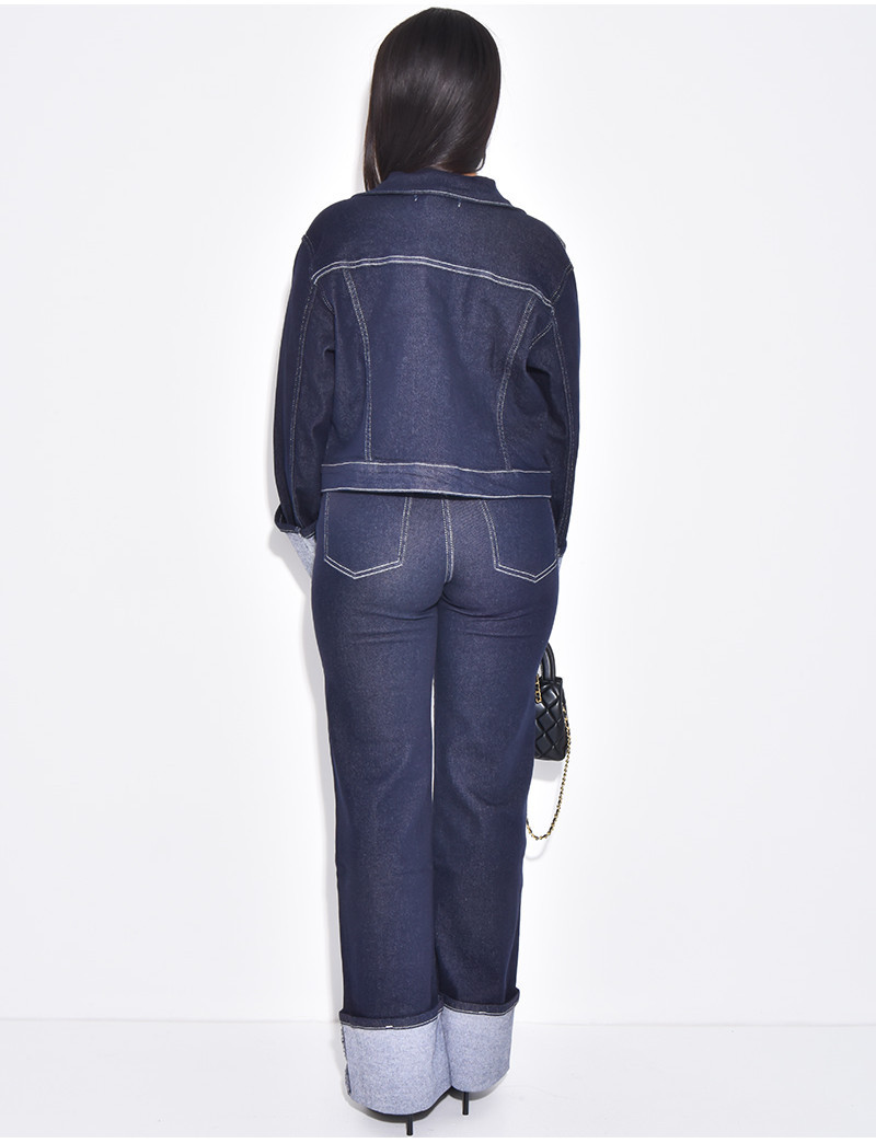 Denim jacket and straight-leg pants with cuffs set
