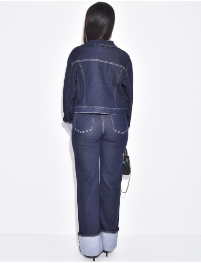 Denim jacket and straight-leg pants with cuffs set