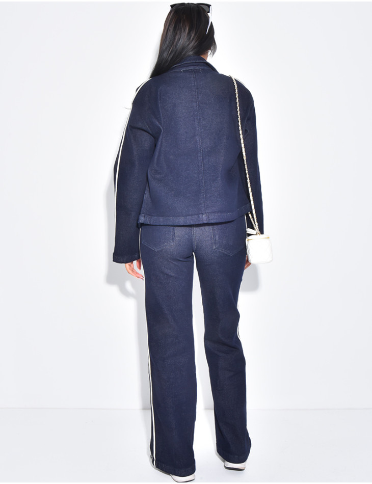 Short jacket and high-waisted jeans with contrasting stripes set