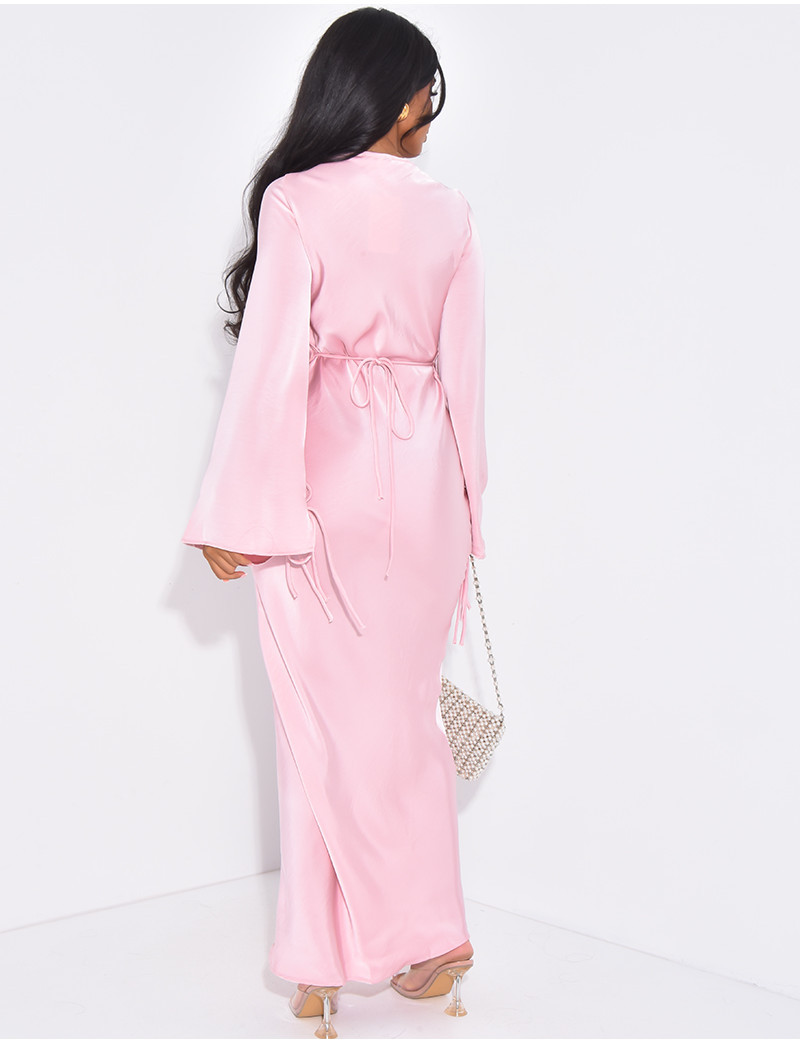 Very long dress in premium satin with tie fastening