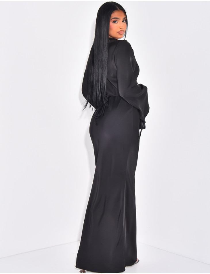 Very long dress in premium satin with tie fastening