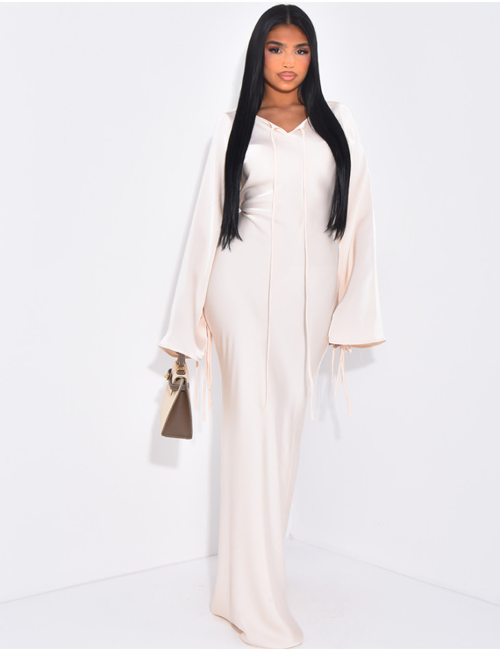 Very long dress in premium satin with tie fastening