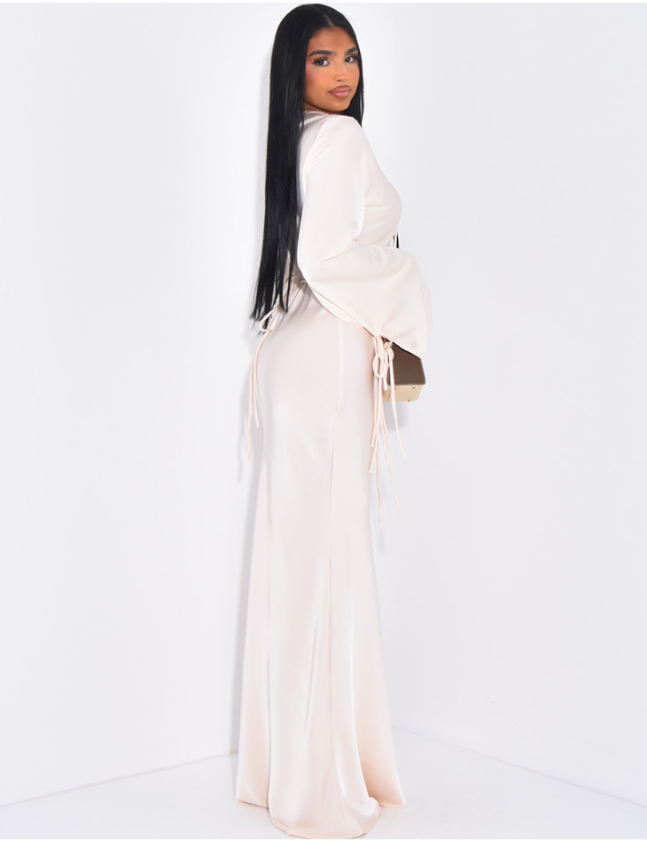 Very long dress in premium satin with tie fastening