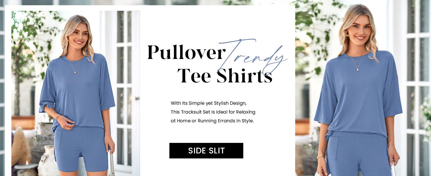 PRETTYGARDEN Crewneck Two-Piece Set For Women Summer  Casual Oversized  Split Hem Shirts & Side Pocket Biker Shorts Minimalist Lounge Wear Soft Viscose Fabric Comfy Homewear Cozy Pjs