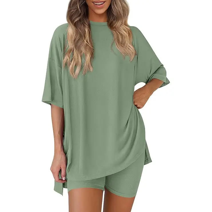 Women’s Summer Two-Piece Lounge Set – Oversized Crewneck Split Hem Top & Pocket Biker Shorts, Soft Viscose Casual Outfit
