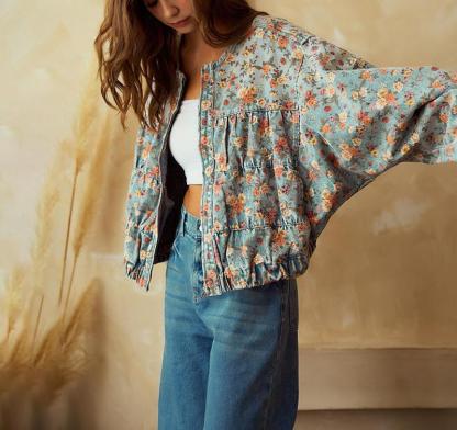 Women's Spring & Autumn Floral Denim Jacket Y2K Casual Loose Short Coat with Pockets