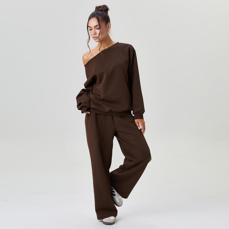 KatchMe Women's Leisure Solid Color Sloping Shoulder Long Sleeve Top & Wide Leg Trousers Co-ord, Cozy Scoop Neck Loose Two Piece Outfits, Basic Womenswear