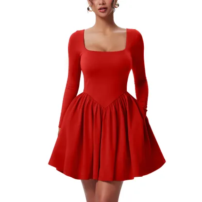 Women's Casual Long Sleeve Square Neck Back Belt A Line Ruffle Hem Mini Dress with Pockets